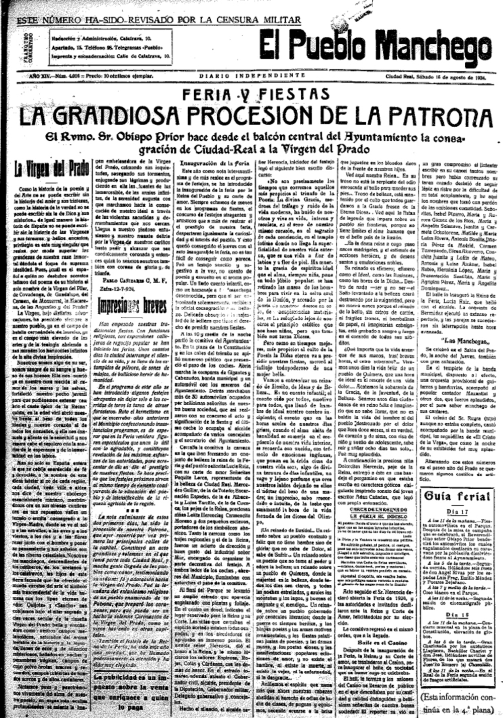 Portada de ‘El Pueblo Manchego’ el 16 de agosto de 1924