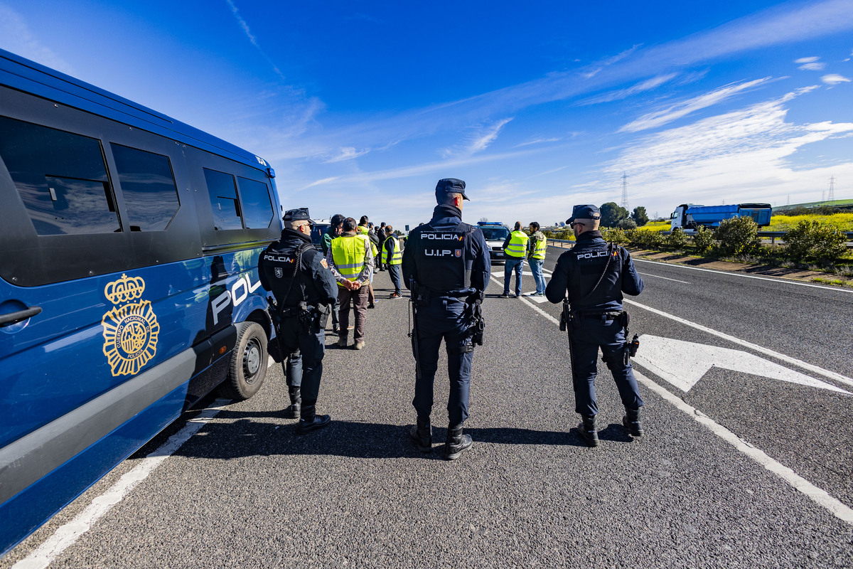 protesta de los agricultores, cortando la autovía Ciudad Real Puertollano, policía nacional, corte del tráfico de la A 41 autovía de Puertollano por los agricultores, asaja  / RUEDA VILLAVERDE